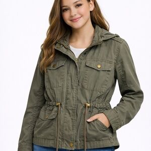 American Rag CIE Youth Large Cargo Jacket Olive Green Zip Front Hooded Pockets